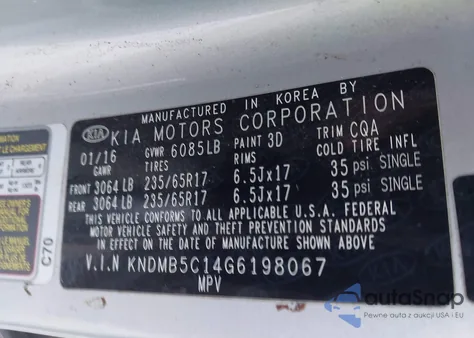 2016 Kia Sedona Lx from USA, damaged, VIN KNDMB5C14G6198067